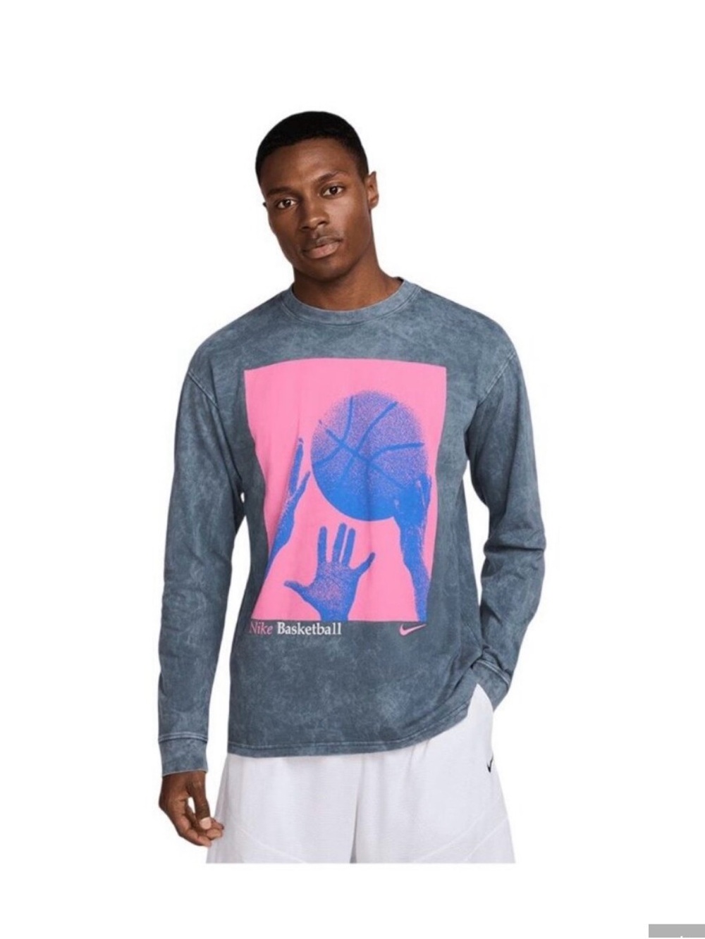 Nike Men's Long Sleeve Graphic Tee - Gray with Pink & Blue Print